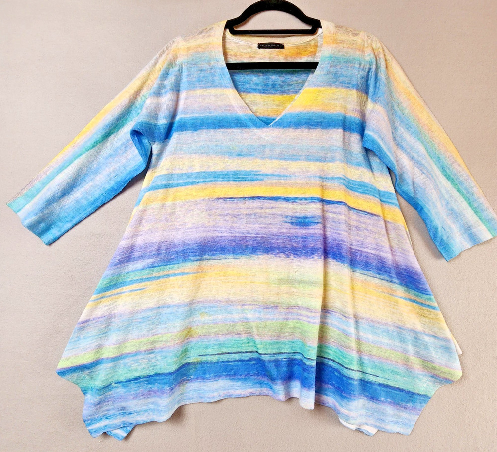 Nally & Millie Watercolor Stripe Sweater Women Med V-Neck 3/4 Sleeve Lightweight